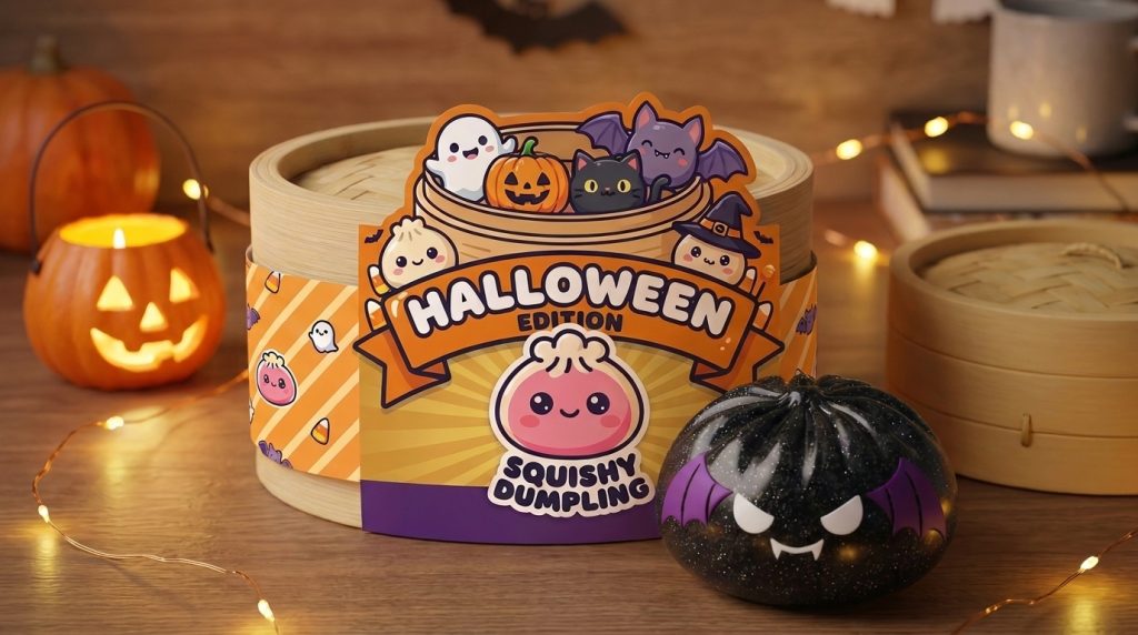 Bat Dumpling Squishy Halloween Glitter i sin kawaii-miljö