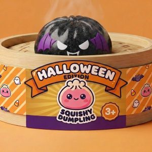 Bat Dumpling Squishy Halloween Glitter i sin bambu-ångkorg