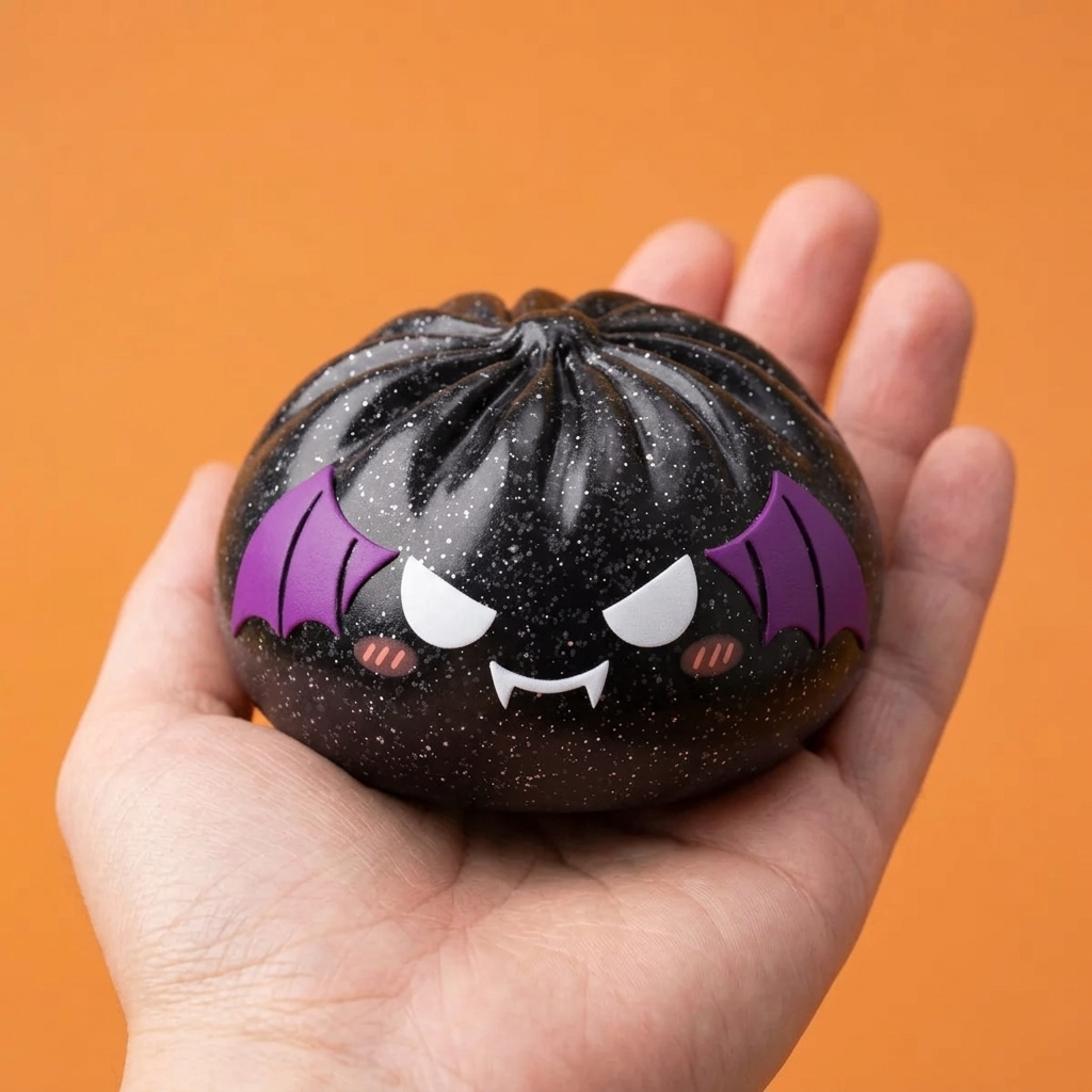 Bat Dumpling Squishy Halloween Glitter i handen, verklig storlek