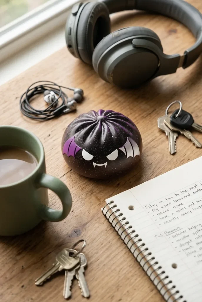 Bat Dumpling Squishy Halloween Glitter på skrivbordet
