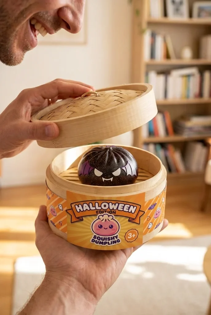 Bat Dumpling Squishy Halloween Glitter i unboxing-ögonblicket