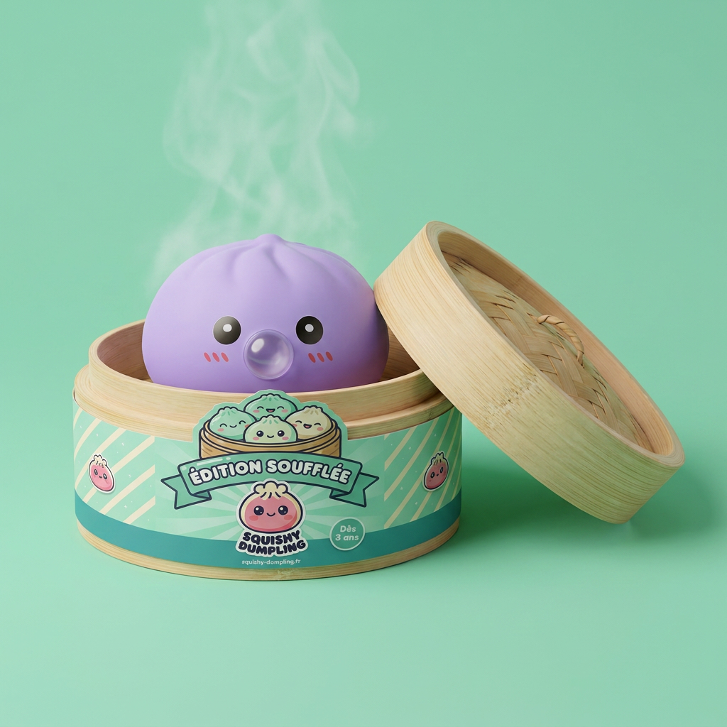 Big Dumpling Squishy Havsblå i sin bambu-ångkorg