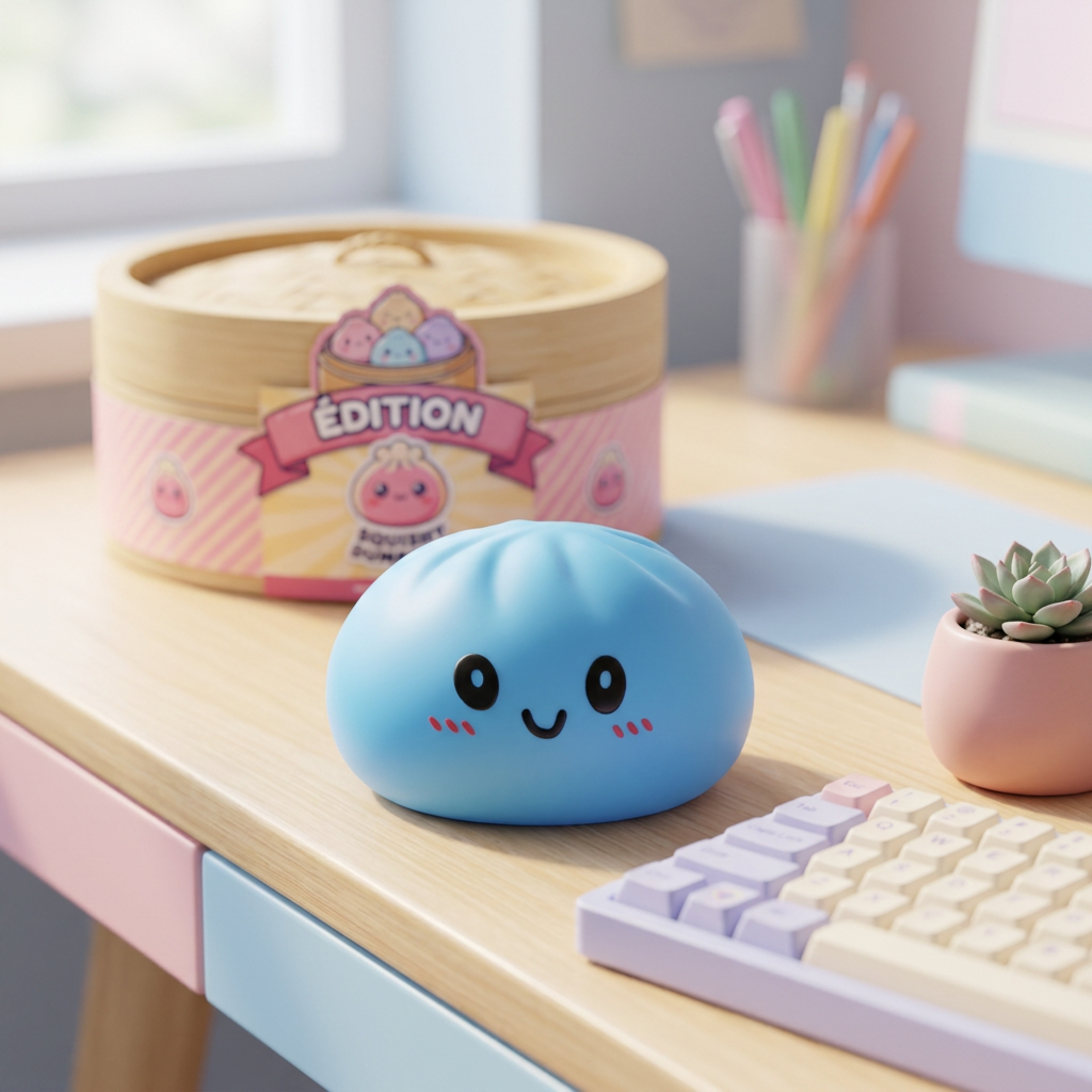 Havsblå Dumpling Squishy med Bambusteamer i sin kawaii-miljö