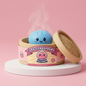 Havsblå Dumpling Squishy med Bambusteamer i sin bambu-ångkorg