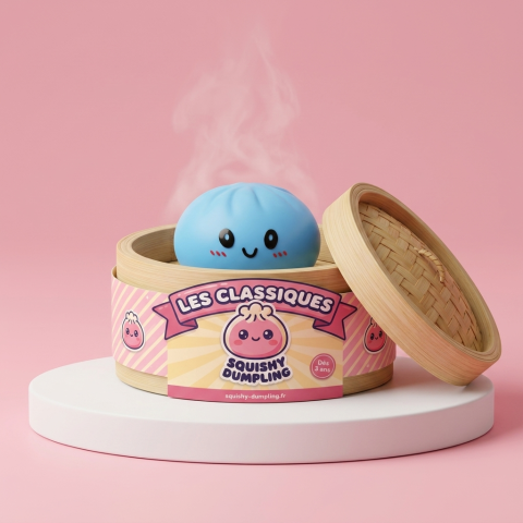 Havsblå Dumpling Squishy med Bambusteamer i sin bambu-ångkorg