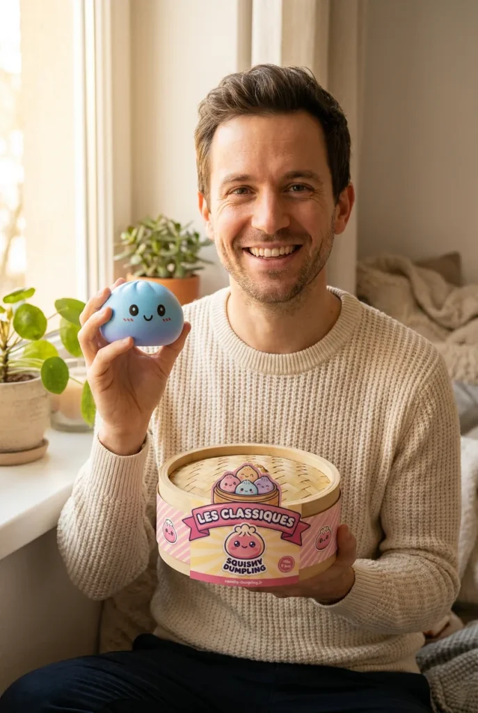 Havsblå Dumpling Squishy med Bambusteamer med sin ask