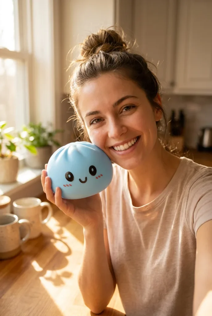 Havsblå Dumpling Squishy med Bambusteamer i vardagen