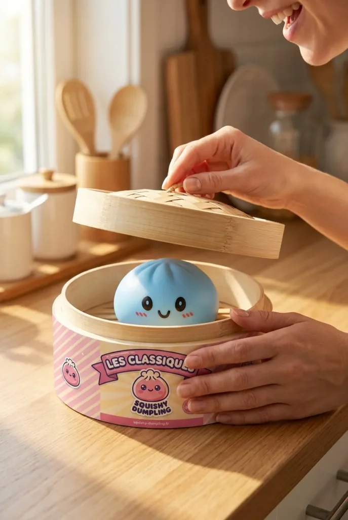 Havsblå Dumpling Squishy med Bambusteamer i unboxing-ögonblicket