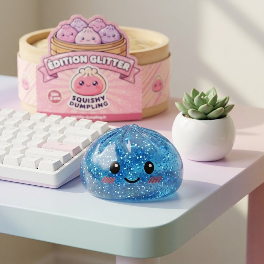 Glitter Dumpling Squishy Blå Lugnande i sin kawaii-miljö