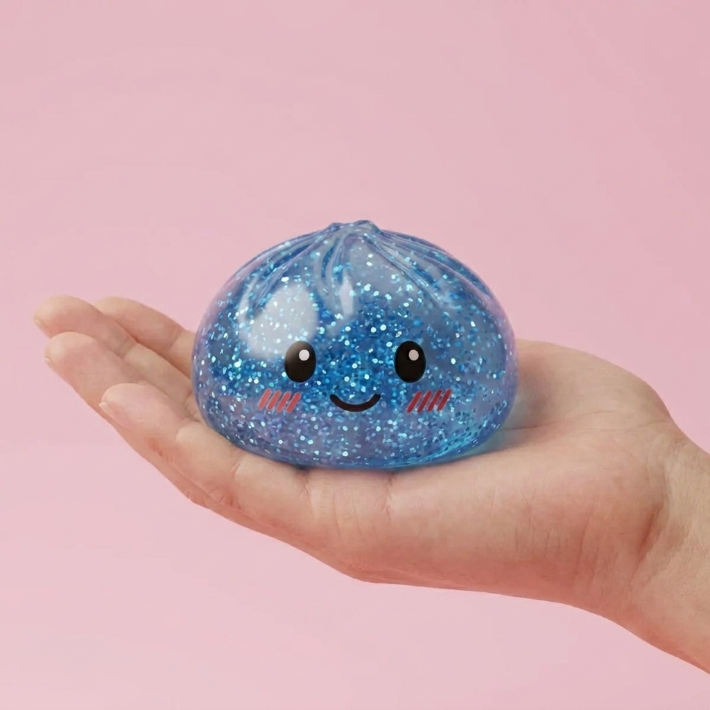 Glitter Dumpling Squishy Blå Lugnande i handen, verklig storlek