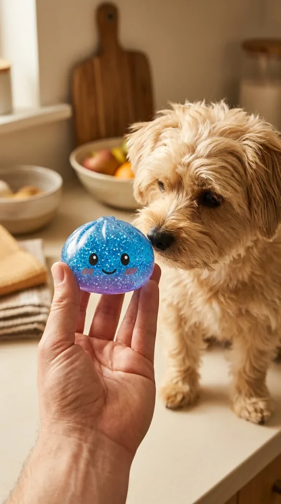 Glitter Dumpling Squishy Blå Lugnande med en gosedjursvän