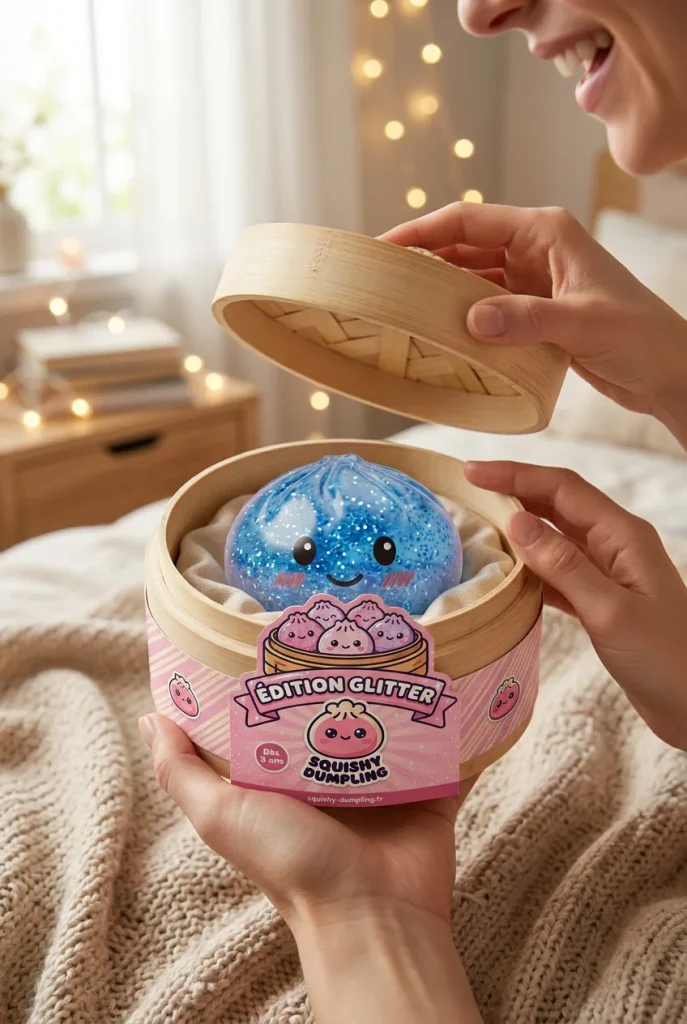 Glitter Dumpling Squishy Blå Lugnande i unboxing-ögonblicket