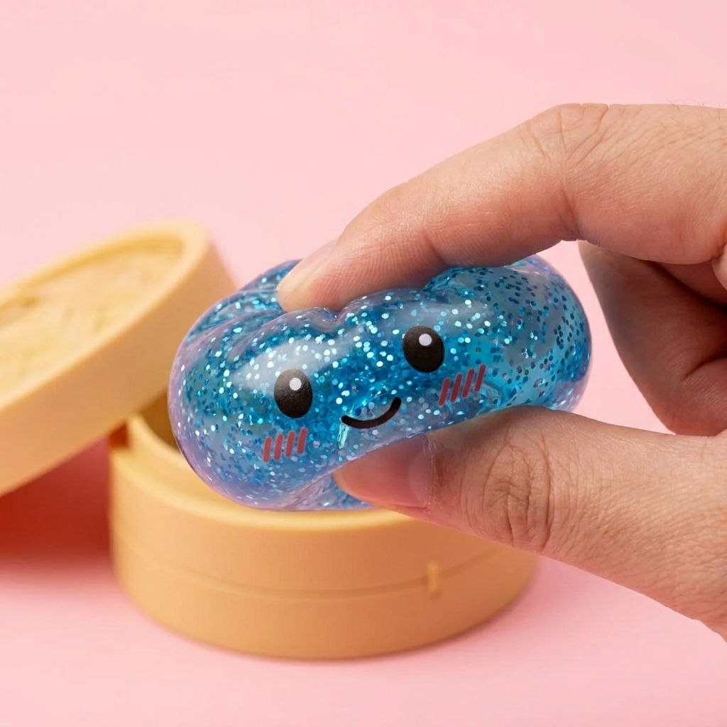 Glitter Dumpling Squishy Blå Lugnande — slow-rise-effekt, skummet återtar långsamt sin form