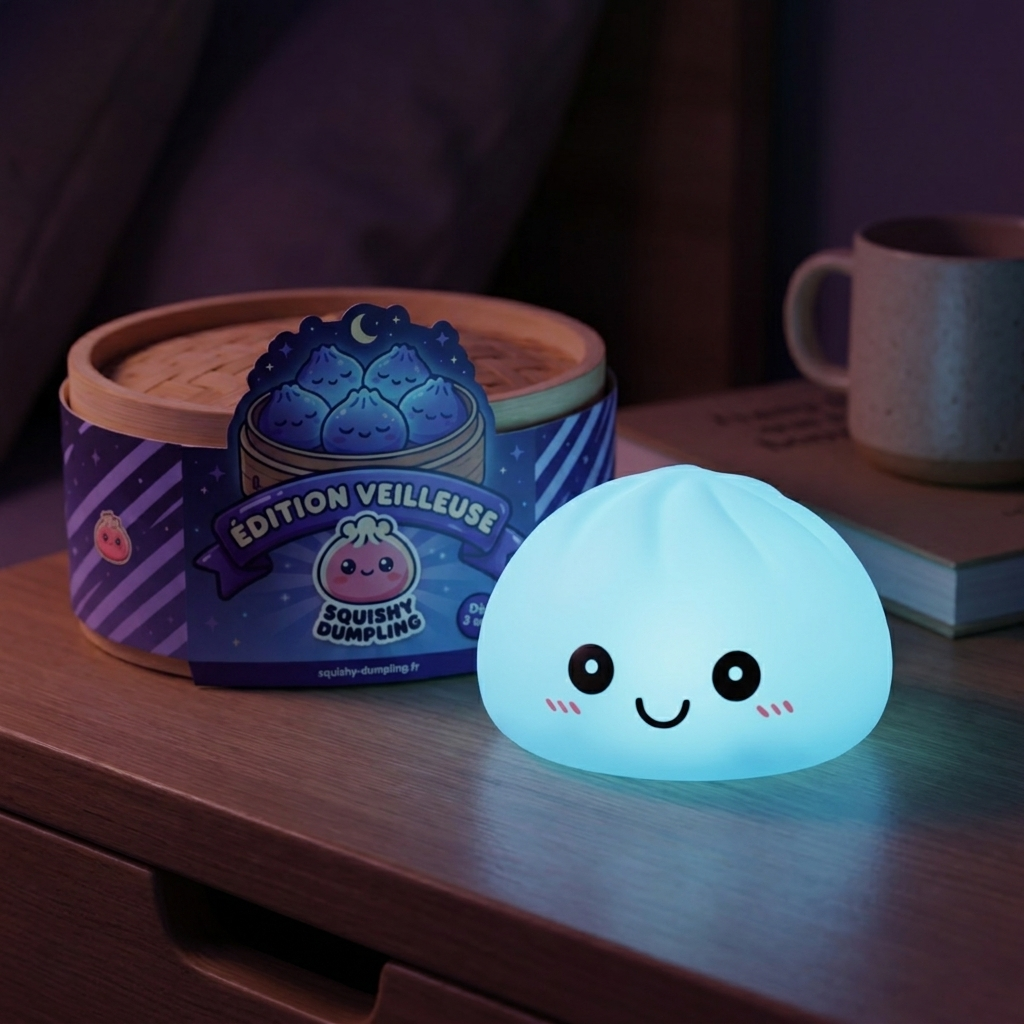 Dumpling Squishy Nattlampa Blå Aurora i sin kawaii-miljö
