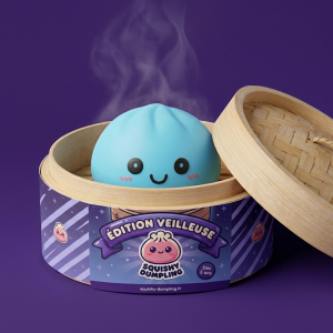 Dumpling Squishy Nattlampa Blå Aurora i sin bambu-ångkorg
