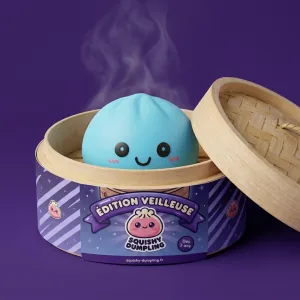 Dumpling Squishy Nattlampa Blå Aurora i sin bambu-ångkorg