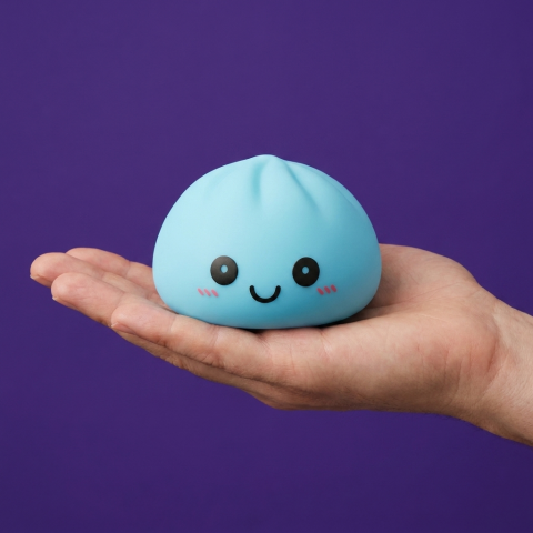 Dumpling Squishy Nattlampa Blå Aurora i handen, verklig storlek