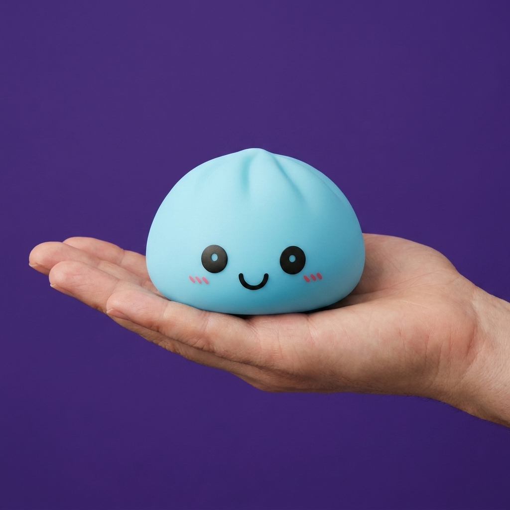 Dumpling Squishy Nattlampa Blå Aurora i handen, verklig storlek