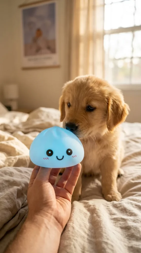 Dumpling Squishy Nattlampa Blå Aurora med en gosedjursvän