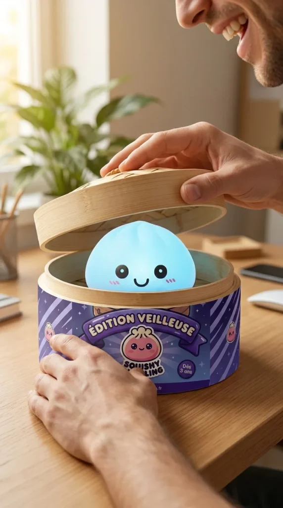Dumpling Squishy Nattlampa Blå Aurora i unboxing-ögonblicket