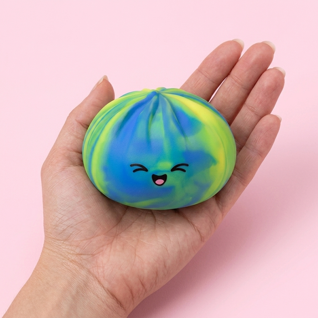 Rainbow Dumpling Squishy Regnbåge i handen, verklig storlek