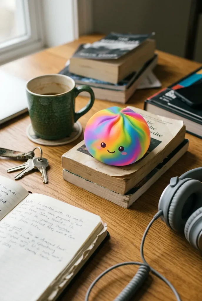 Rainbow Dumpling Squishy Regnbåge på skrivbordet