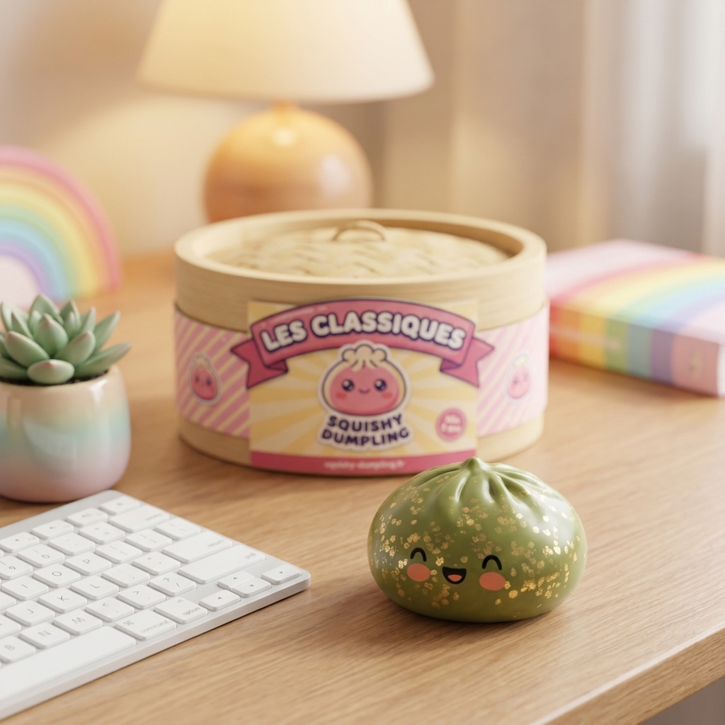 Dumpling Squishy Glitter Smaragdgrön i sin kawaii-miljö