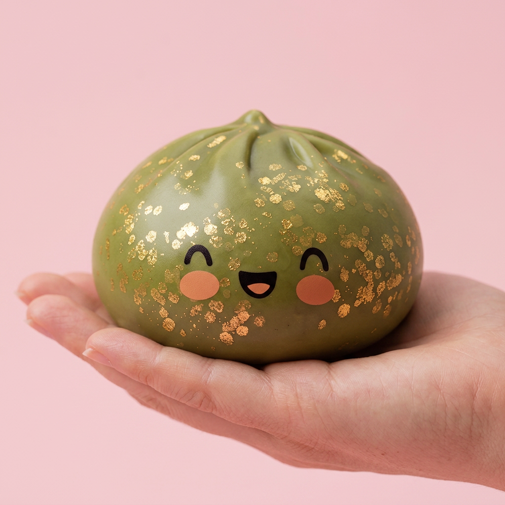Dumpling Squishy Glitter Smaragdgrön i handen, verklig storlek