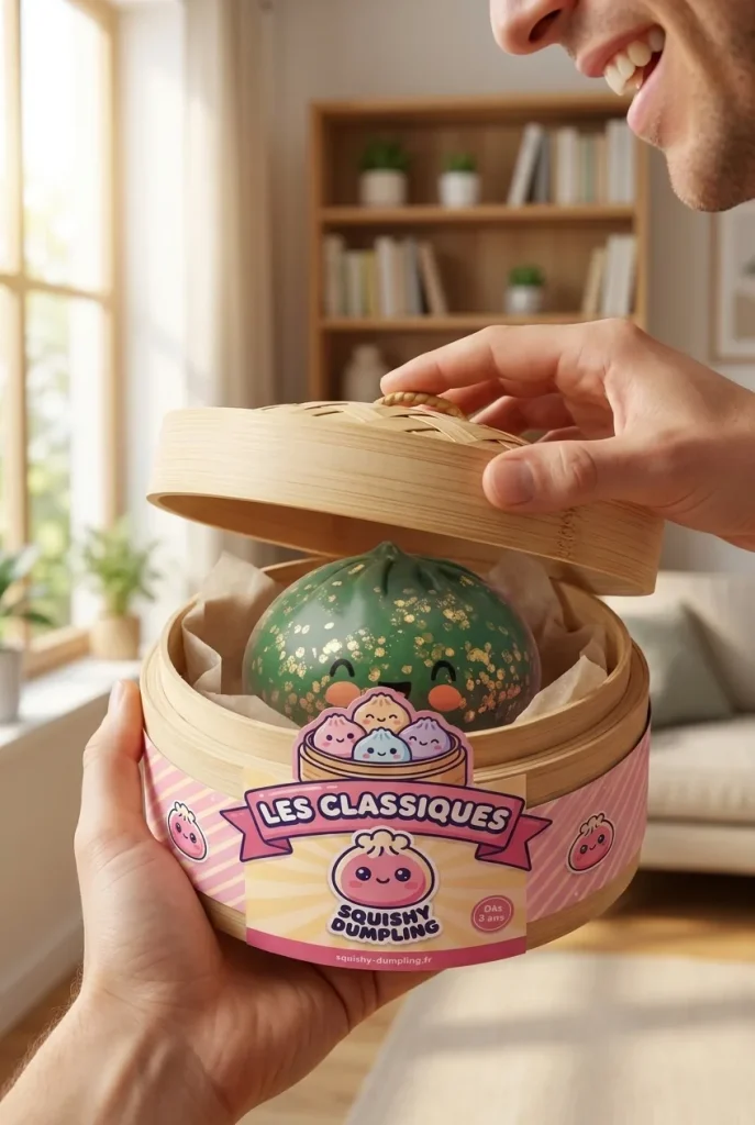 Dumpling Squishy Glitter Smaragdgrön i unboxing-ögonblicket