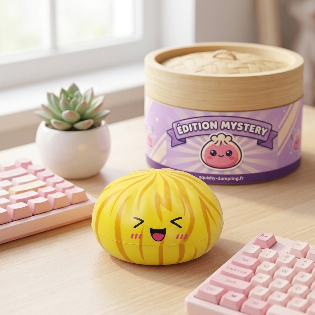 Dumpling Squishy Bun Mystery med Bambukorg i sin kawaii-miljö