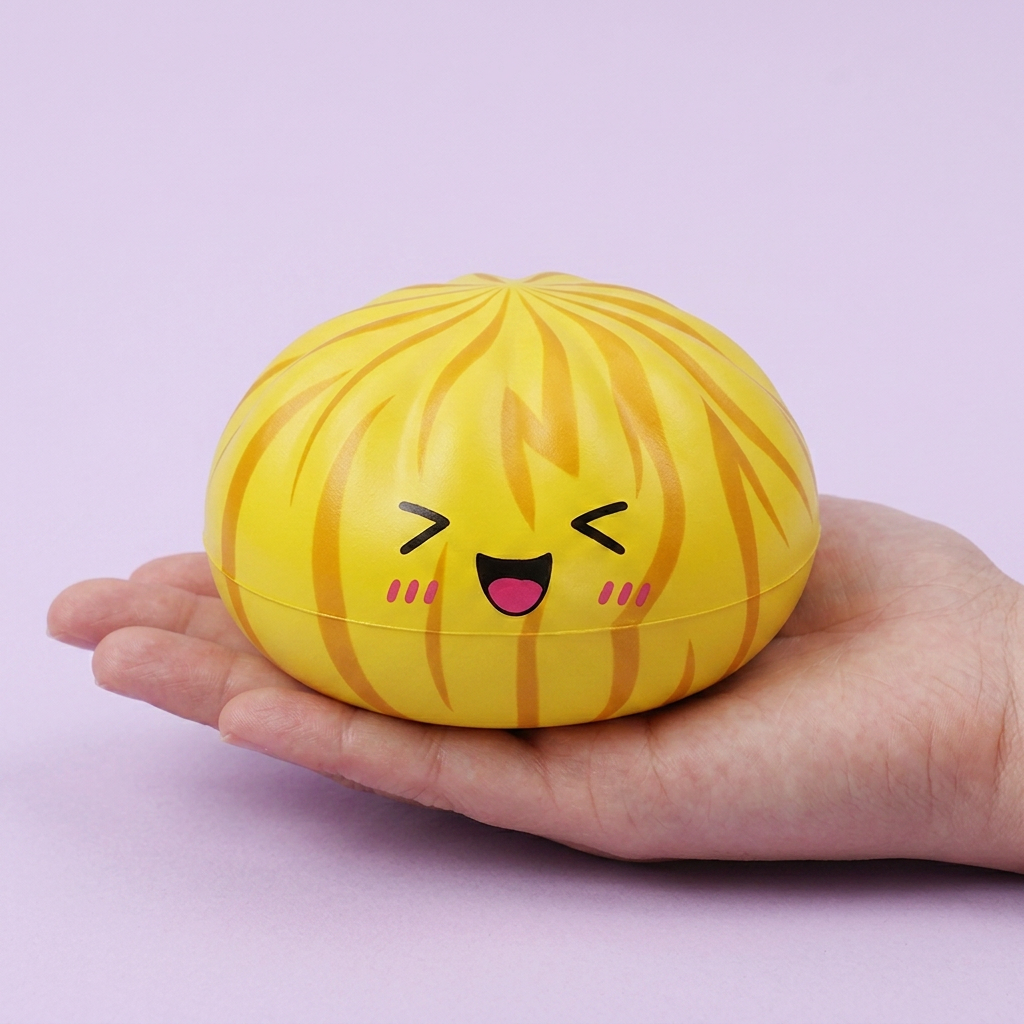 Dumpling Squishy Bun Mystery med Bambukorg i handen, verklig storlek