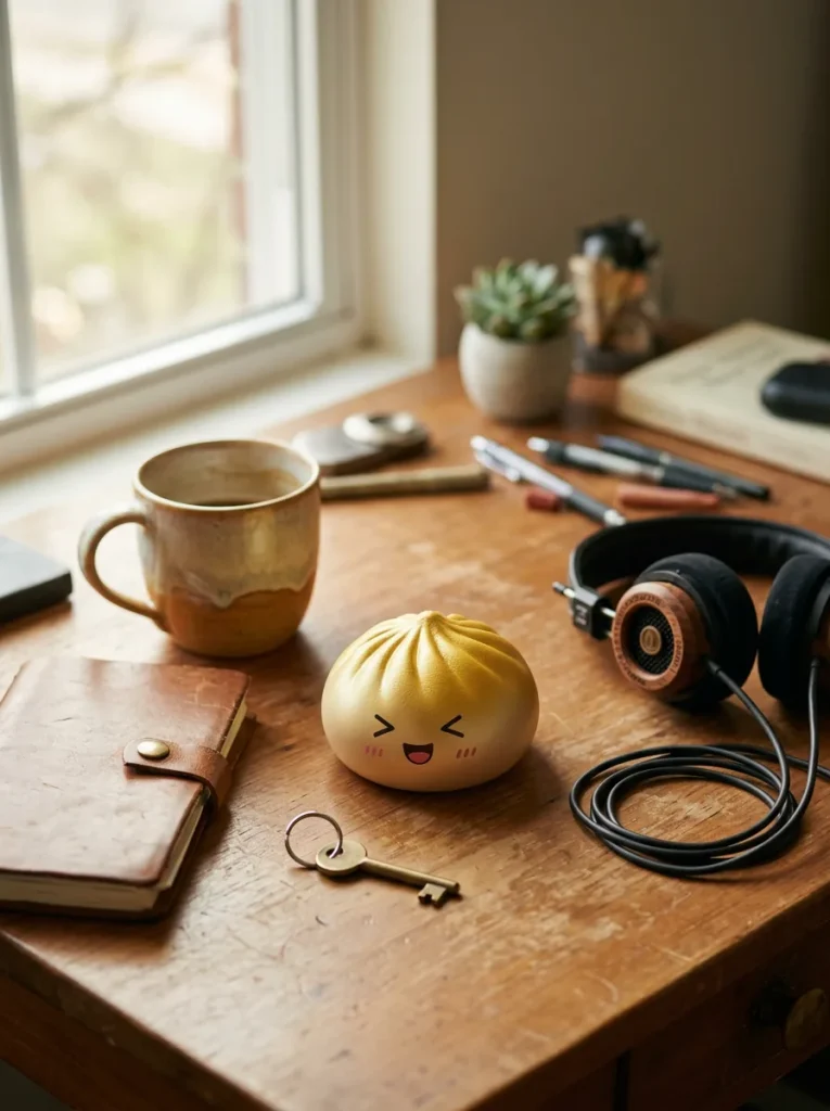 Dumpling Squishy Bun Mystery med Bambukorg på skrivbordet