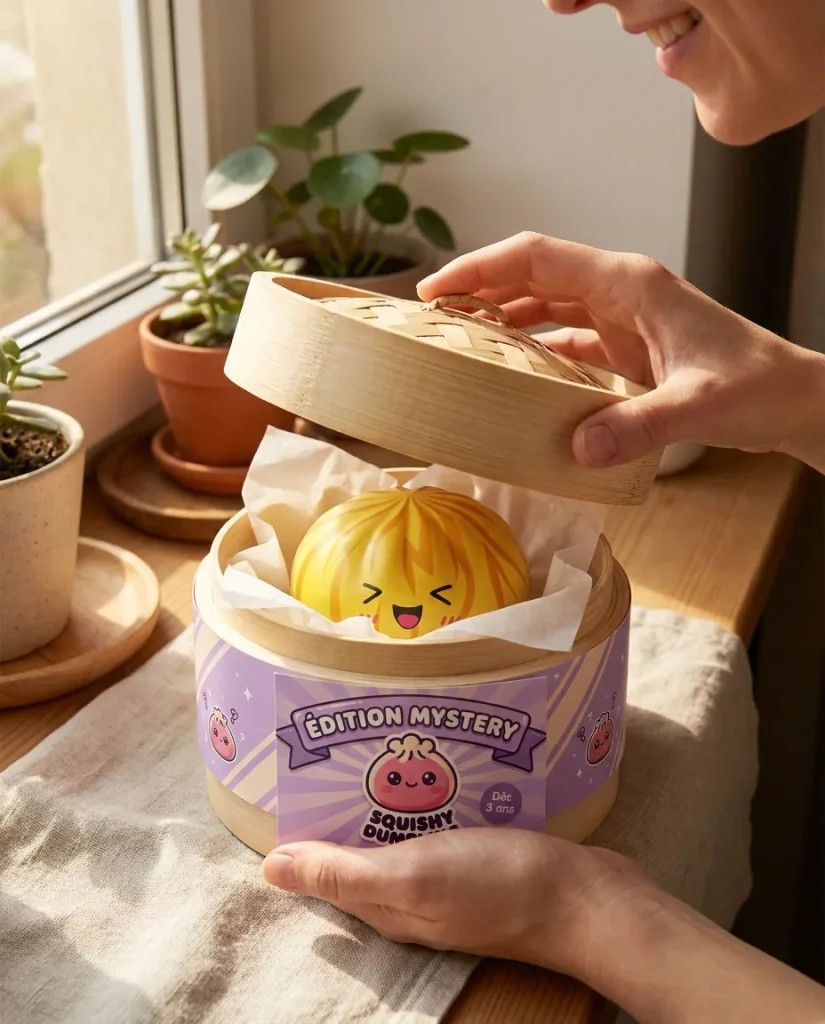 Dumpling Squishy Bun Mystery med Bambukorg i unboxing-ögonblicket