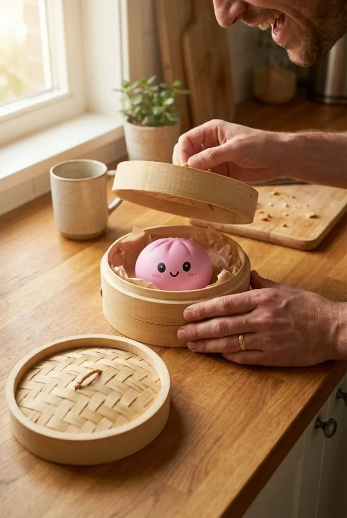 Squishy Dumpling Mystery Box Överraskning i unboxing-ögonblicket