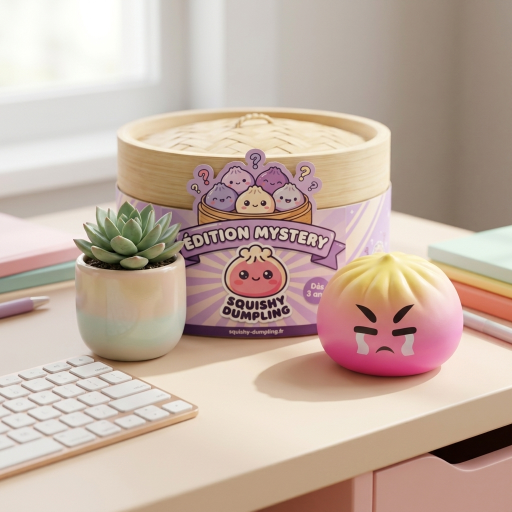 Dumpling Squishy Mystery Bun med Bambukorg i sin kawaii-miljö