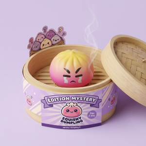Dumpling Squishy Mystery Bun med Bambukorg i sin bambu-ångkorg