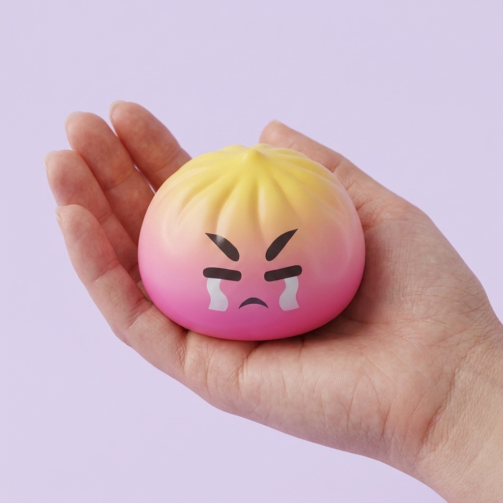Dumpling Squishy Mystery Bun med Bambukorg i handen, verklig storlek