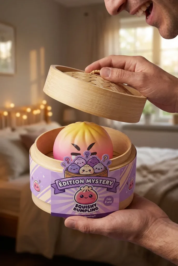 Dumpling Squishy Mystery Bun med Bambukorg i unboxing-ögonblicket