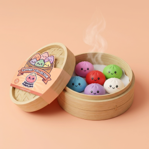 Dumpling Squishy Collection 6-pack i sin bambu-ångkorg