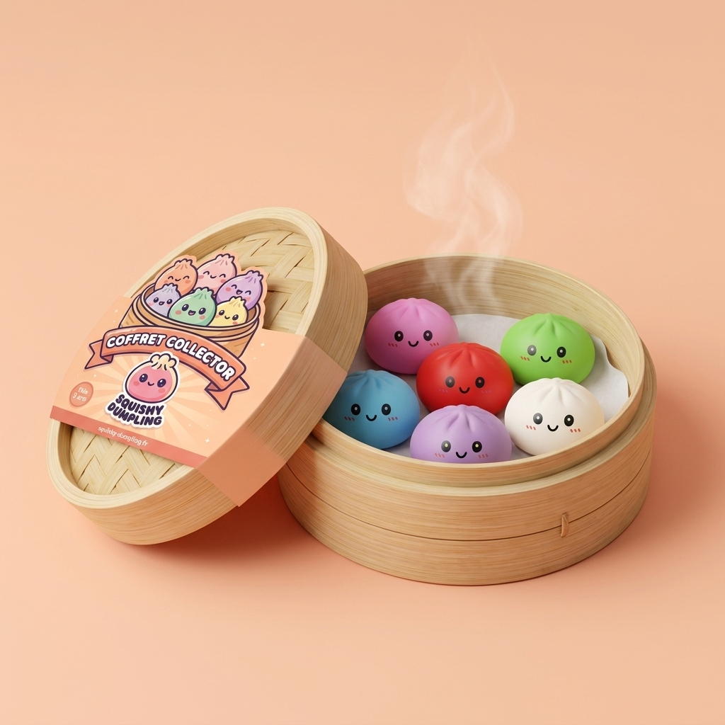 Dumpling Squishy Collection 6-pack i sin bambu-ångkorg