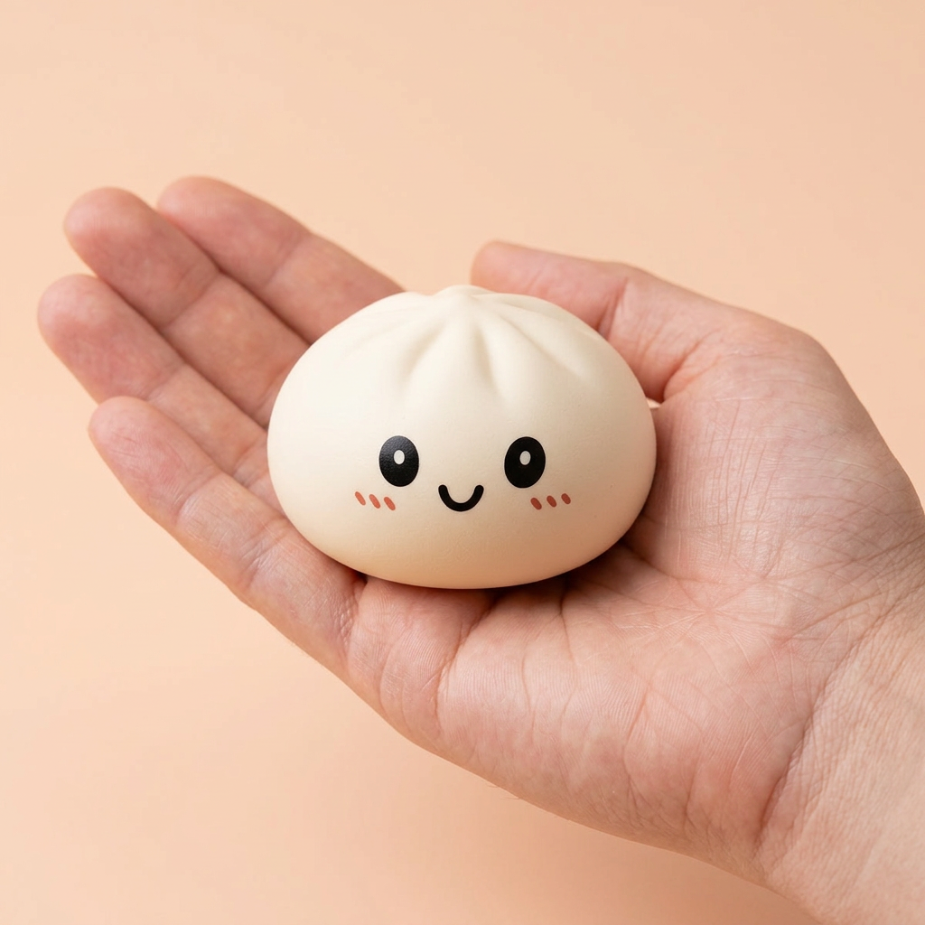 Dumpling Squishy Collection 6-pack i handen, verklig storlek