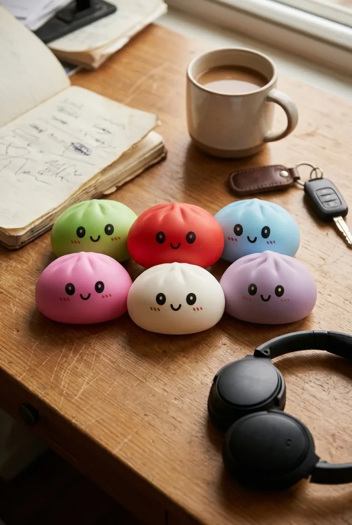 Dumpling Squishy Collection 6-pack på skrivbordet