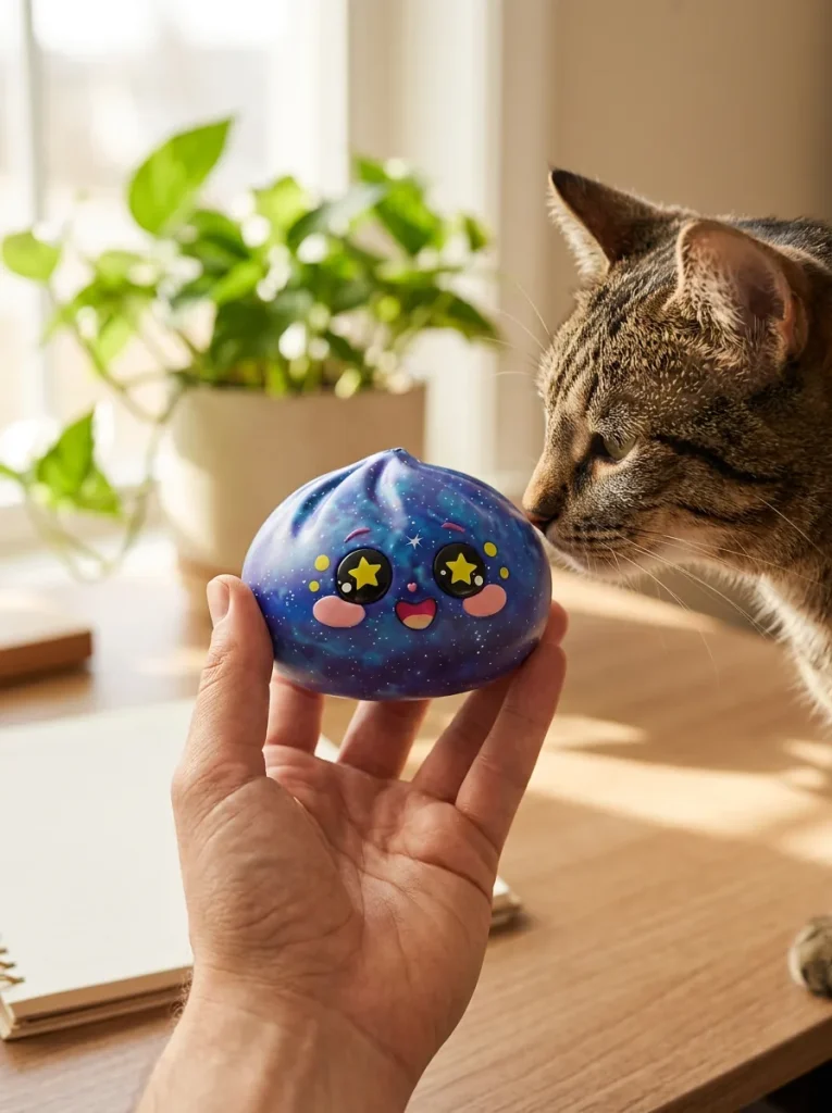 Galaxy Dumpling Squishy Stjärnhimmel med en gosedjursvän