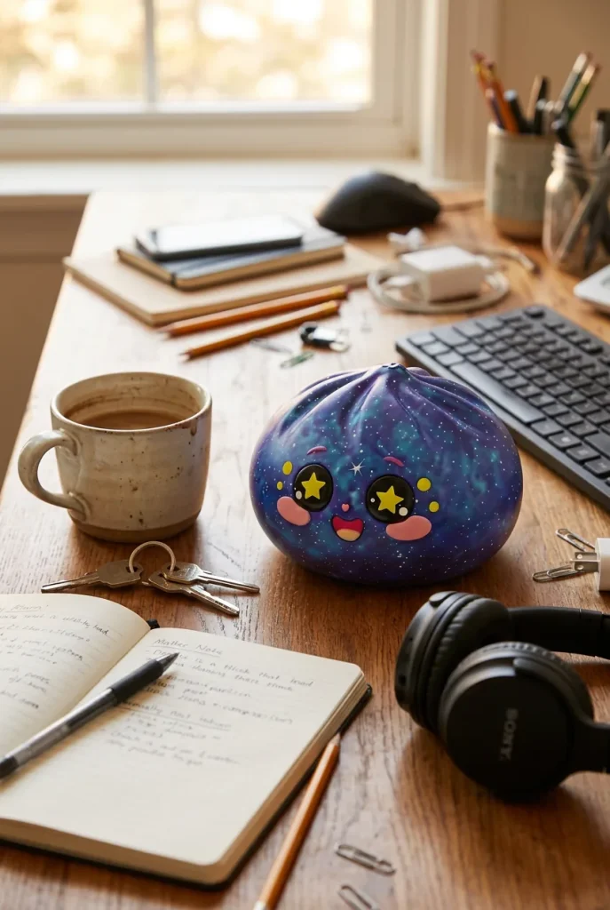 Galaxy Dumpling Squishy Stjärnhimmel på skrivbordet