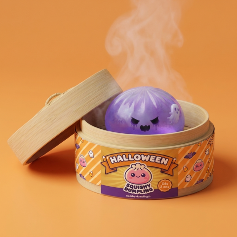 Ghost Dumpling Squishy Boo i sin bambu-ångkorg