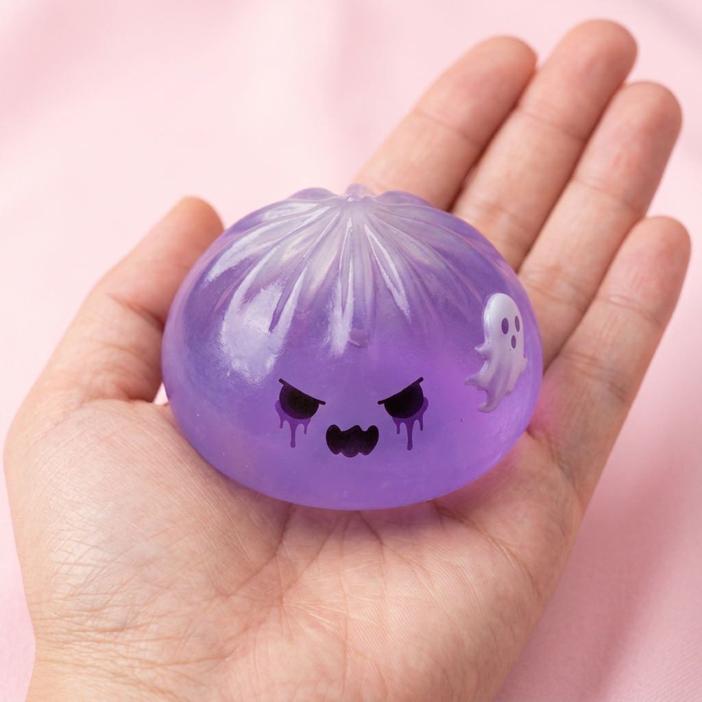 Ghost Dumpling Squishy Boo i handen, verklig storlek