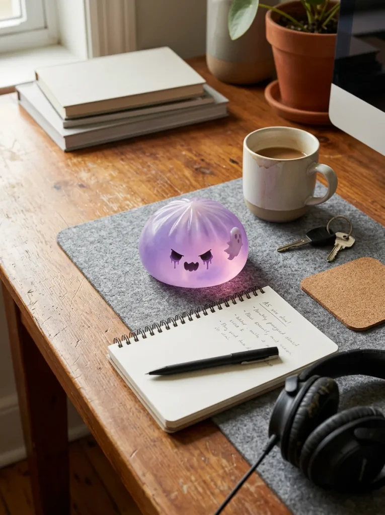 Ghost Dumpling Squishy Boo på skrivbordet