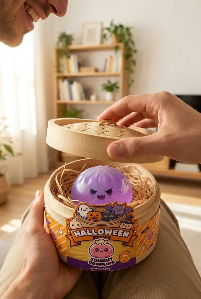 Ghost Dumpling Squishy Boo i unboxing-ögonblicket