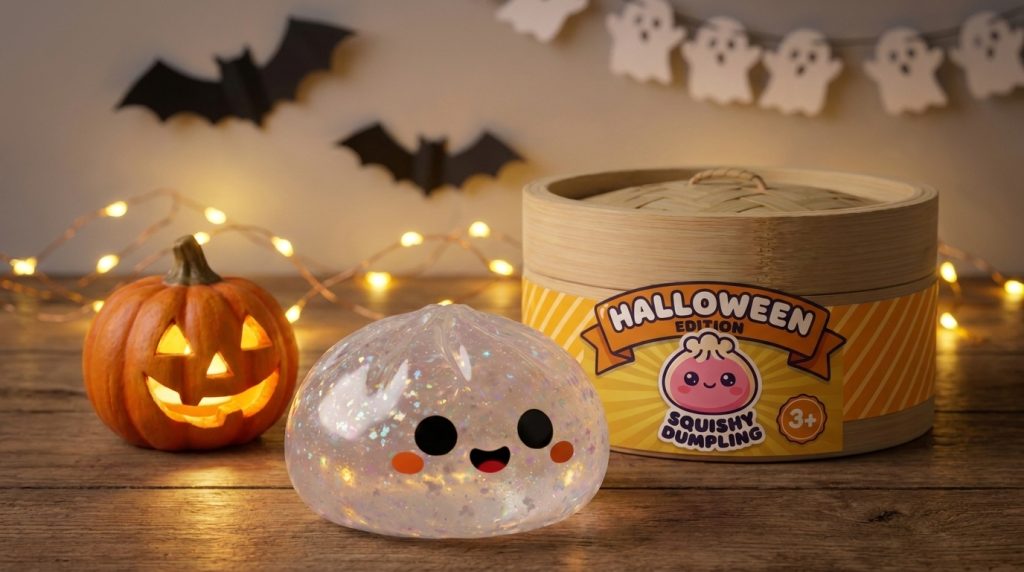 Glitter Dumpling Squishy Spöke Halloween i sin kawaii-miljö