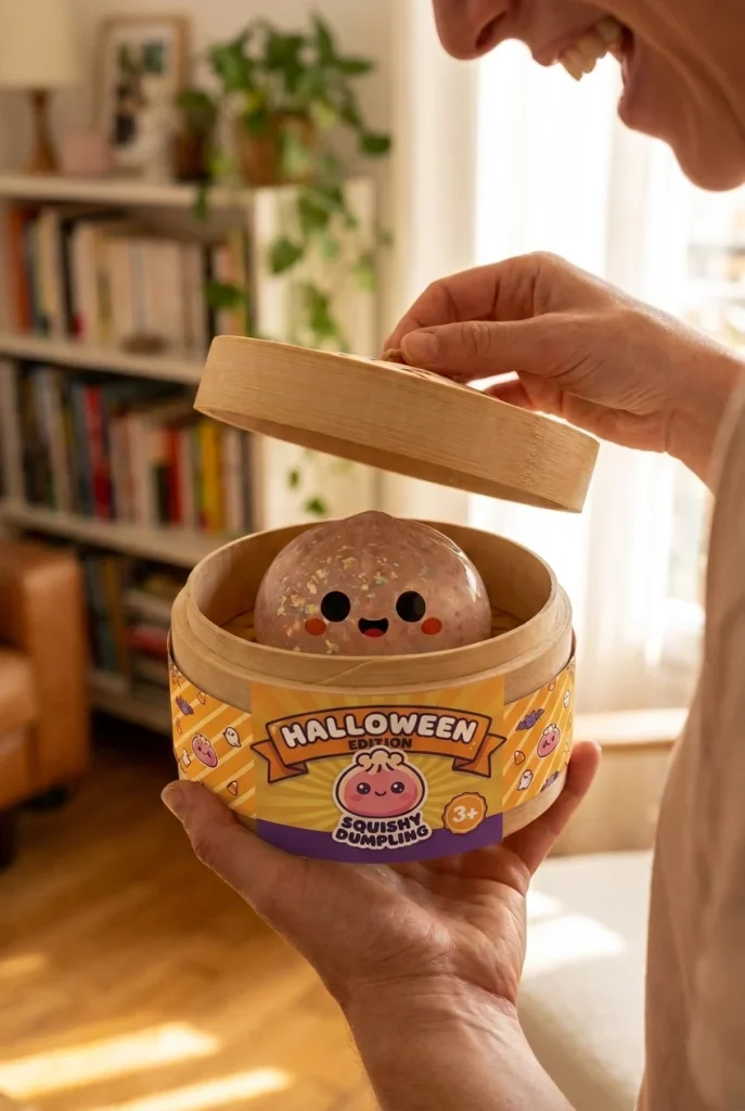 Glitter Dumpling Squishy Spöke Halloween i unboxing-ögonblicket